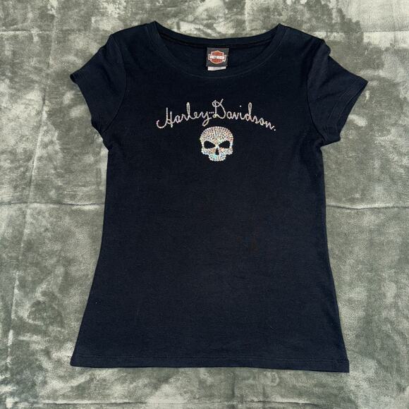Harley-Davidson Biker Bling T-Shirt Womens Large Black Rhinestone Skull Pullover - Picture 10 of 10